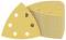 Vrstva žlutých trojúhelníkových brusných listů s otvory, běžně používaných pro broušení nástrojů, zachycená z bočního úhlu, aby zobrazovala tloušťku a tvar.