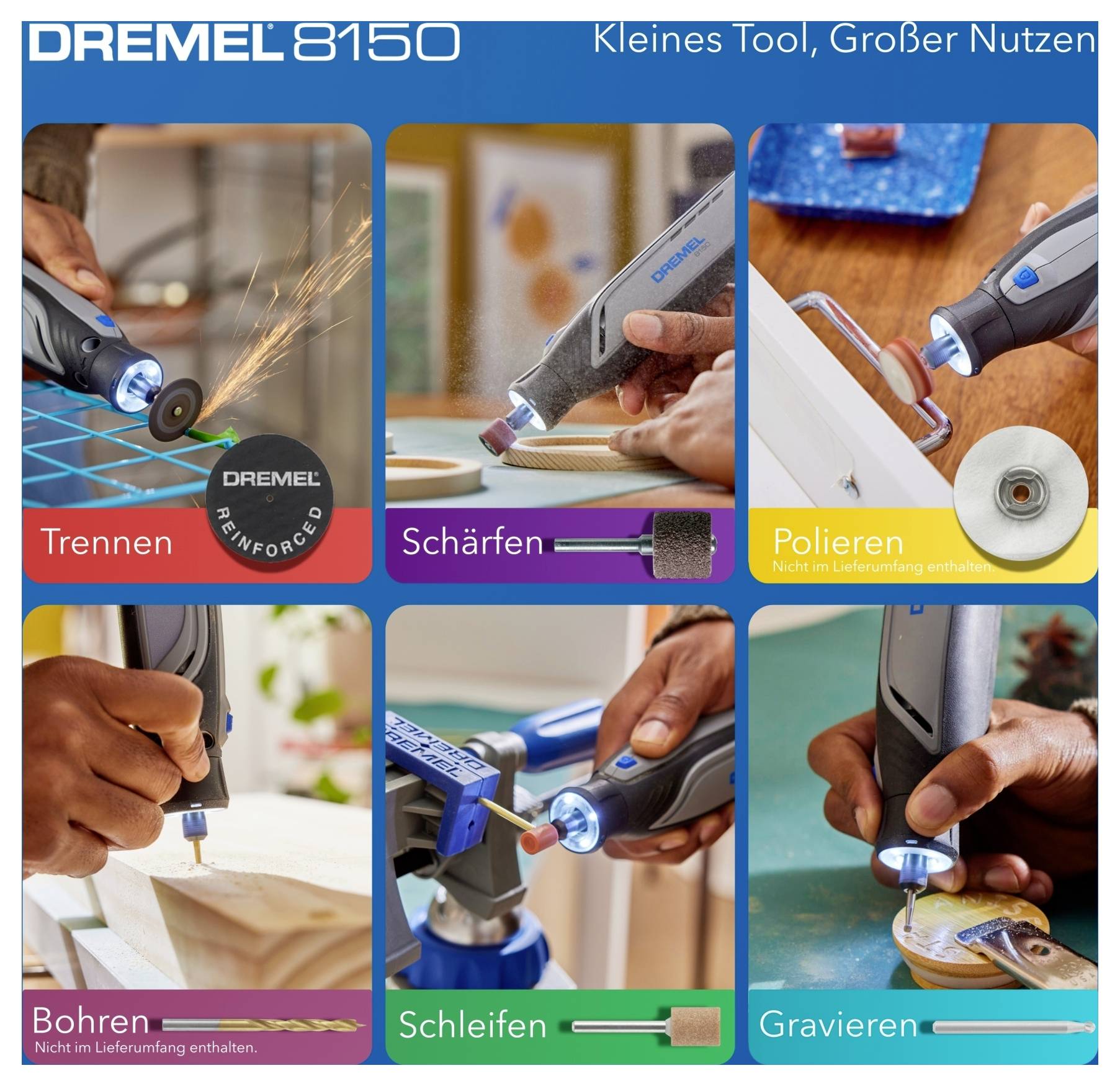 Propagační obrázek Dremel 8150: prezentuje multifunkčnost v sekcích pro řezání, ostření, leštění, vrtání, broušení a gravírování.
