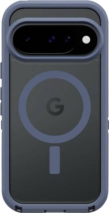 Zadní pohled na modrý kryt telefonu Google s velkým centrovaným logem 'G' a výřezem pro fotoaparát nahoře.