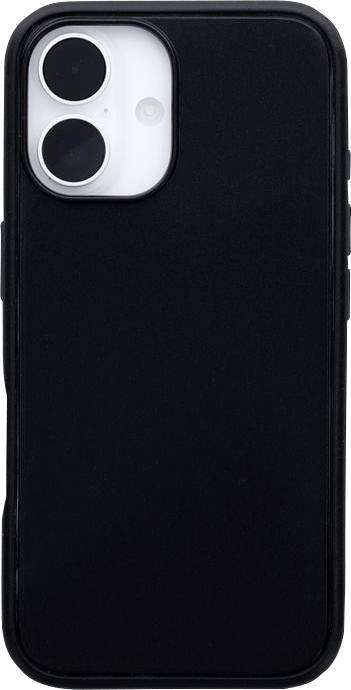 Černý kryt na chytrý telefon s dual-kamerovým výřezem zobrazený na bílém pozadí.