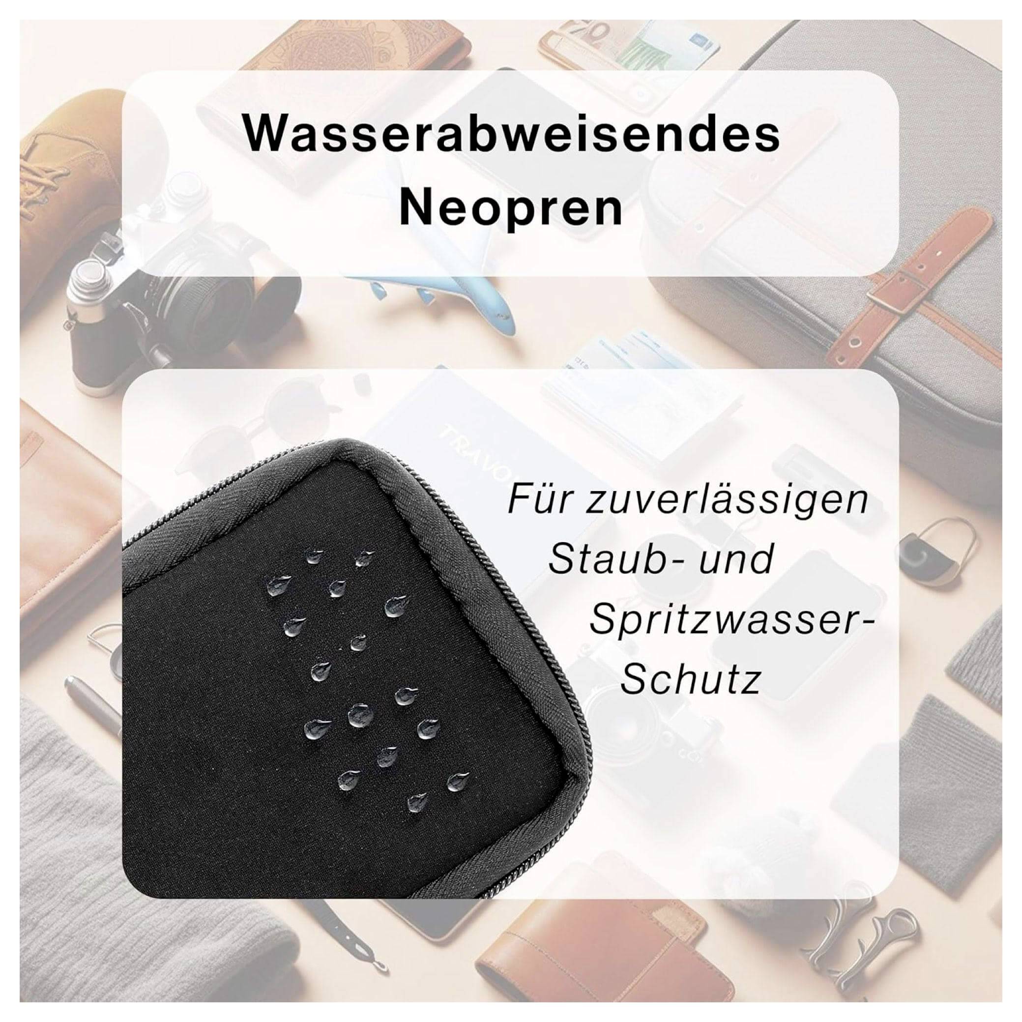 Neopren odolný vodě s kapkami na povrchu, které poukazují na ochranu před prachem a postříkáním. Text v němčině zdůrazňuje spolehlivost.