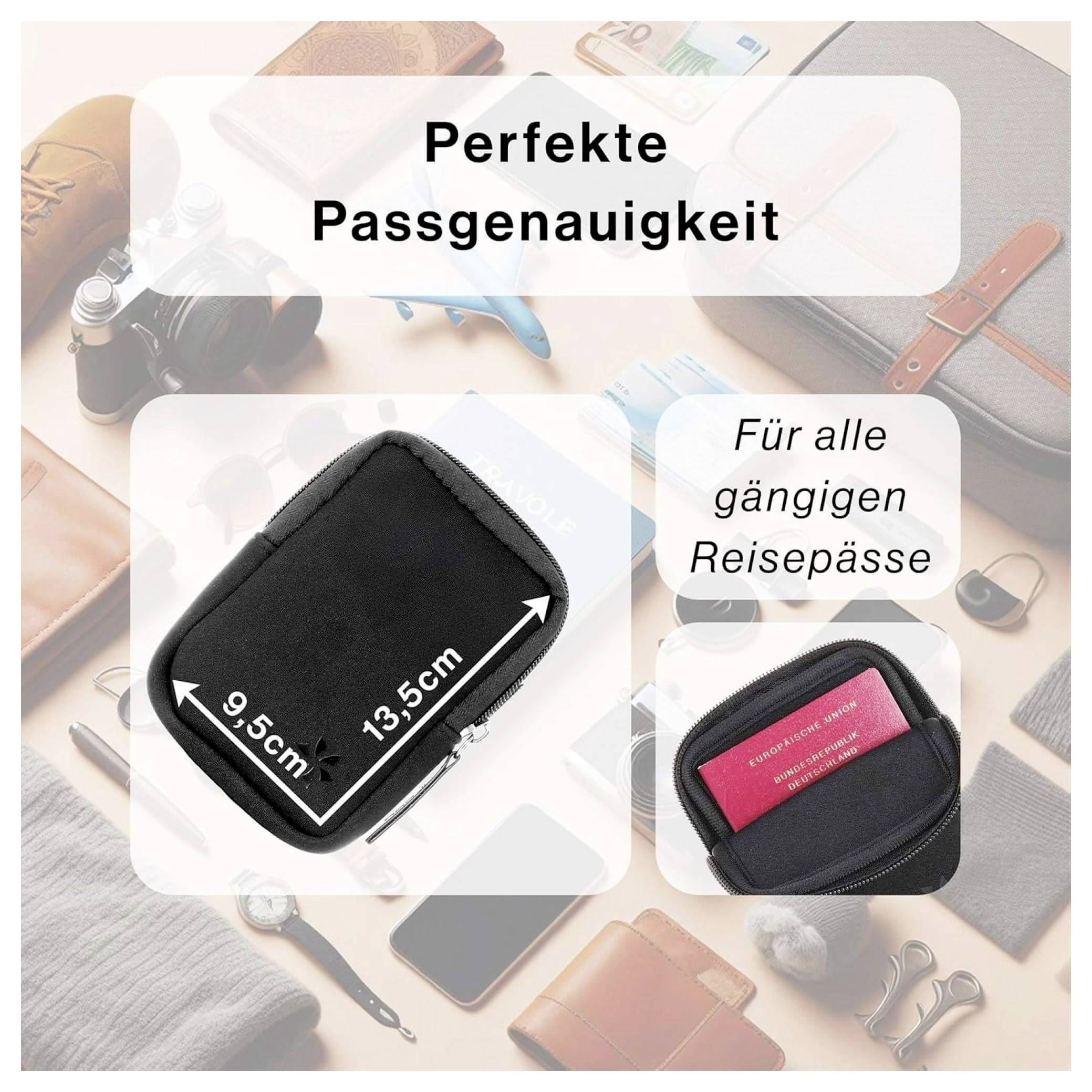 Obrázek ukazuje černý obal na pas s textem 'Perfektní přesné padnutí' a 'Pro všechny běžné cestovní pasy', obklopený cestovními předměty.