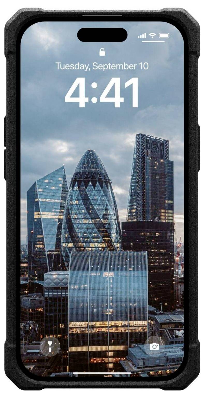 Smartphone zobrazující zamykací obrazovku s časem '4:41' a datem 'Úterý, 10. září,' s panoramatem moderních mrakodrapů.