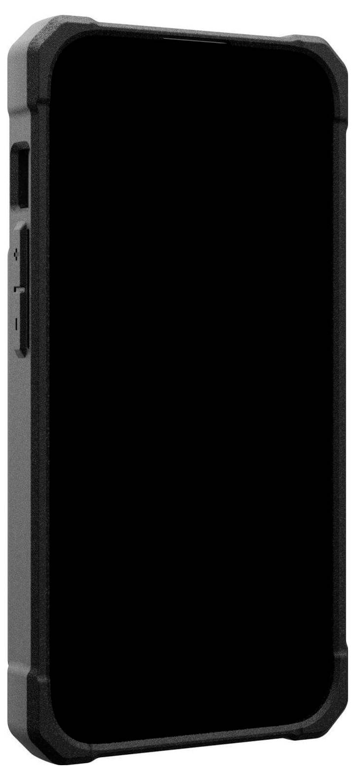 Černý obdélníkový smartphone s tlustým ochranným pouzdrem, zobrazený z bočního úhlu, s viditelnými tlačítky na straně.