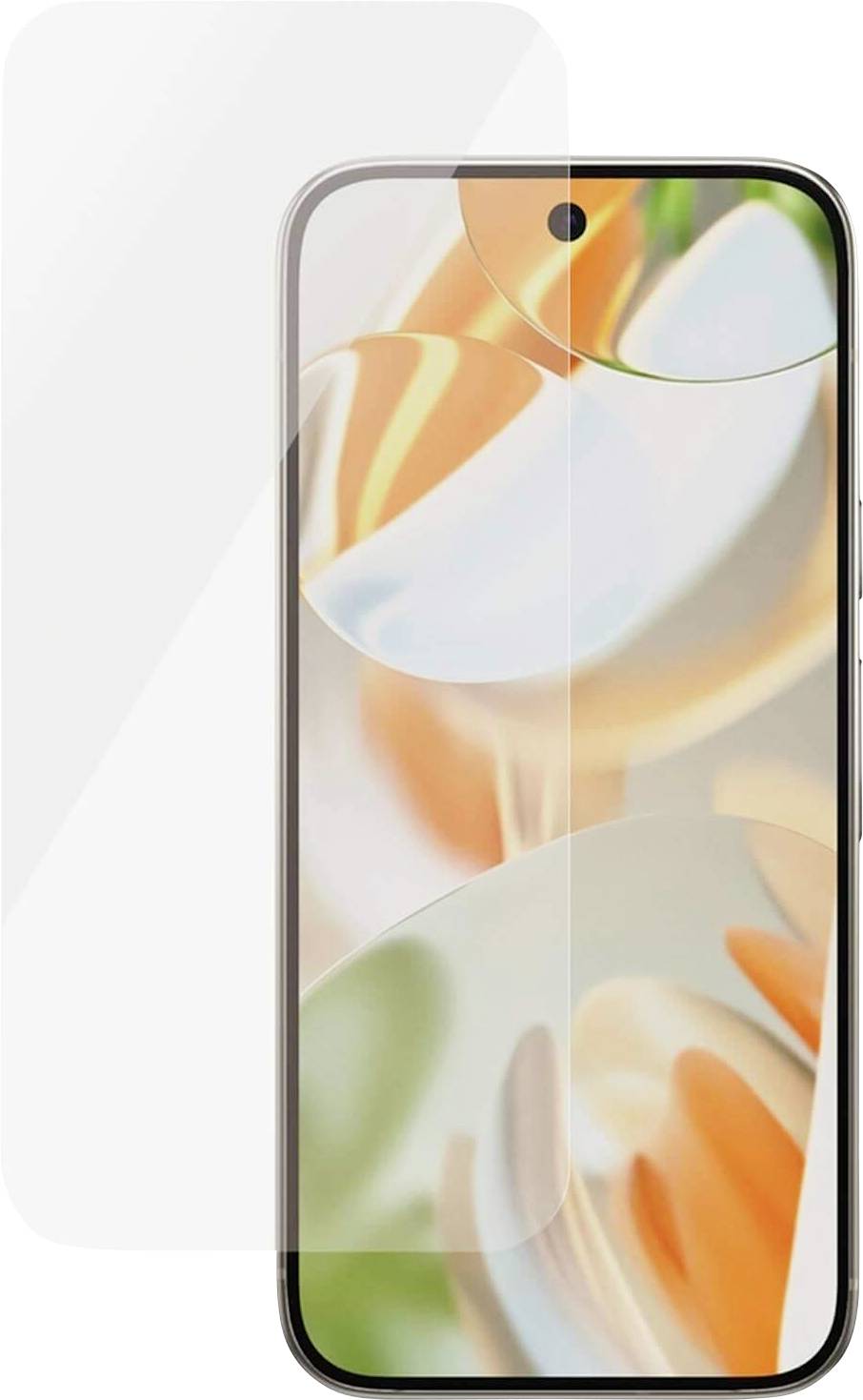 Smartphone s barevným abstraktním tapetou zobrazující oranžové, bílé a zelené odstíny, chráněný průhledným ochranným sklem displeje.