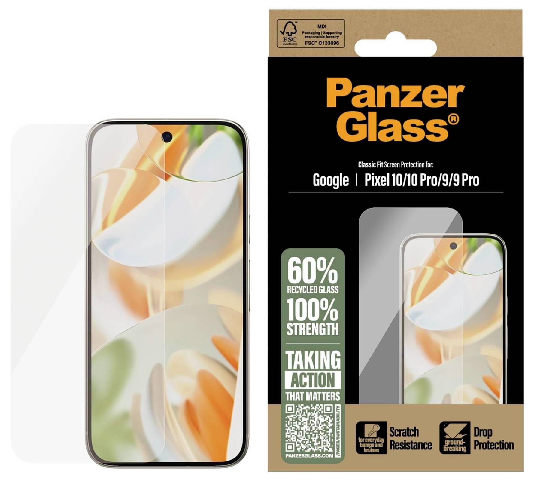 Ochranné sklo displeje položené vedle svého obalu. Na obalu je nápis 'Panzer Glass' s funkcemi, jako je ochrana proti pádu, odolnost proti poškrábání a recyklované materiály.