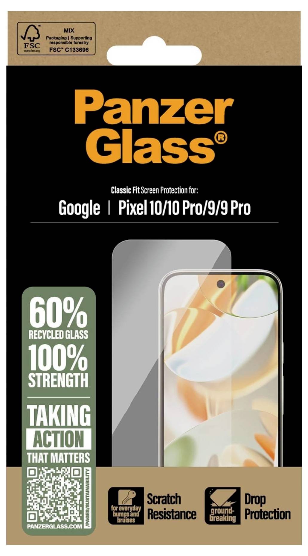 Ochranné sklo displeje 'Panzer Glass' pro Google Pixel 10/10 Pro/9/9 Pro. Vyrobeno z 60% recyklovaného skla, s 100% odolností. Vlastnosti zahrnují ochranu proti škrábancům a nárazům.