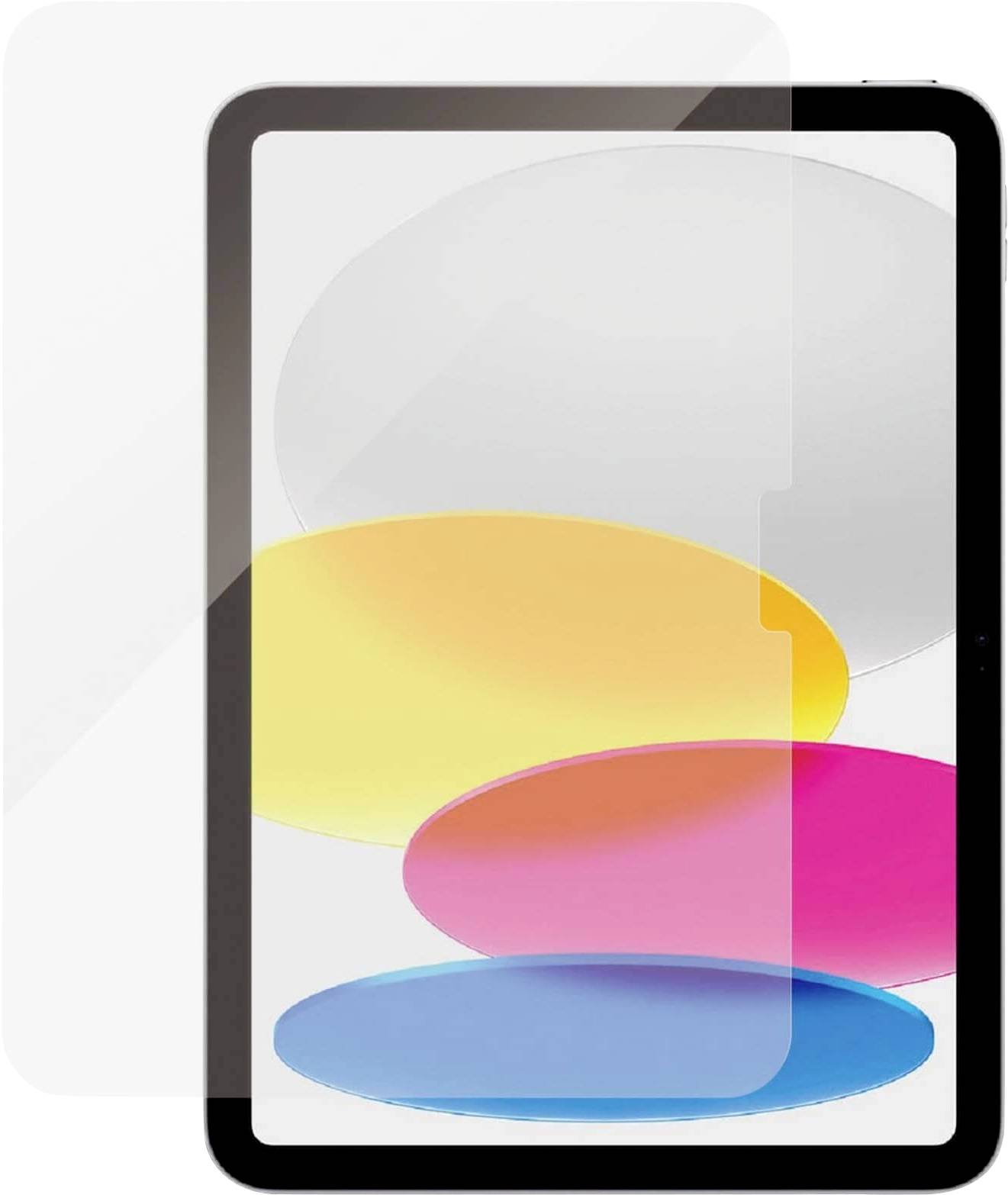 Ochranná fólie na tablet je umístěna přes tablet zobrazující barevné, překrývající se ovály v odstínech žluté, oranžové, růžové a modré.