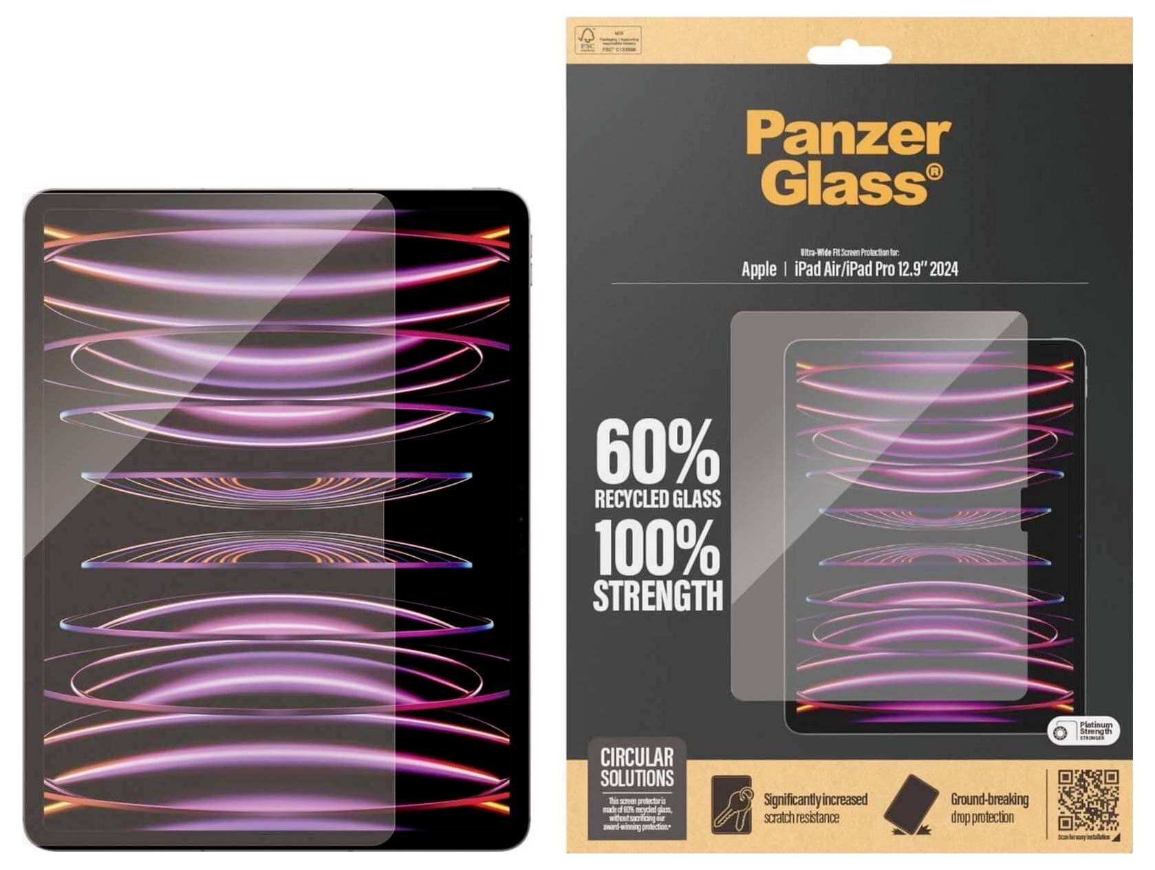 Ochranné sklo Panzer Glass pro iPad Air/Pro 12.9" s živými, barevnými spirálami na obalu. Hlavní přednosti zahrnují '60% recyklovaného skla', '100% pevnosti' a odolnost proti poškrábání.
