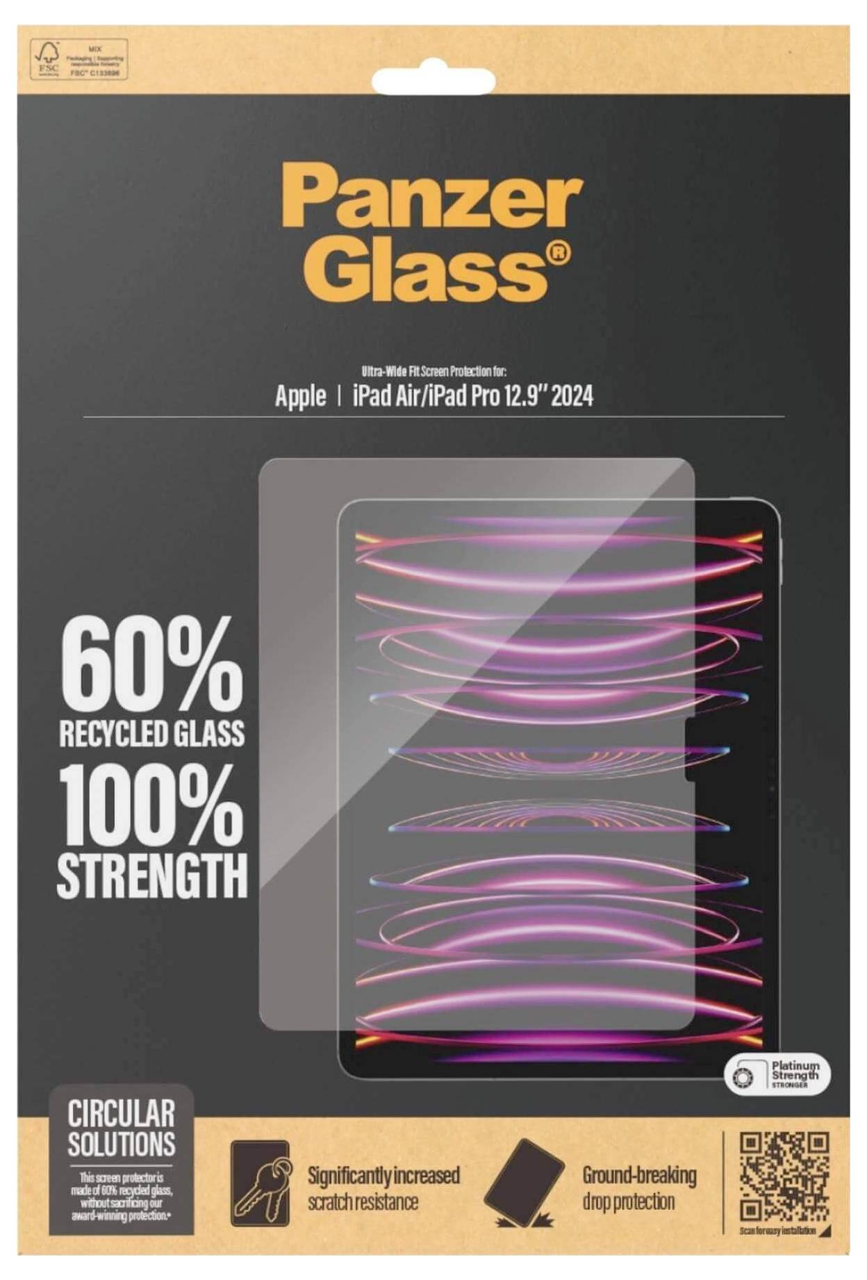 Ochranné sklo 'PanzerGlass' pro Apple iPad Air/Pro 12.9" 2024. Vlastnosti: 60% recyklované sklo, zvýšená odolnost proti škrábancům, ochrana před pádem.