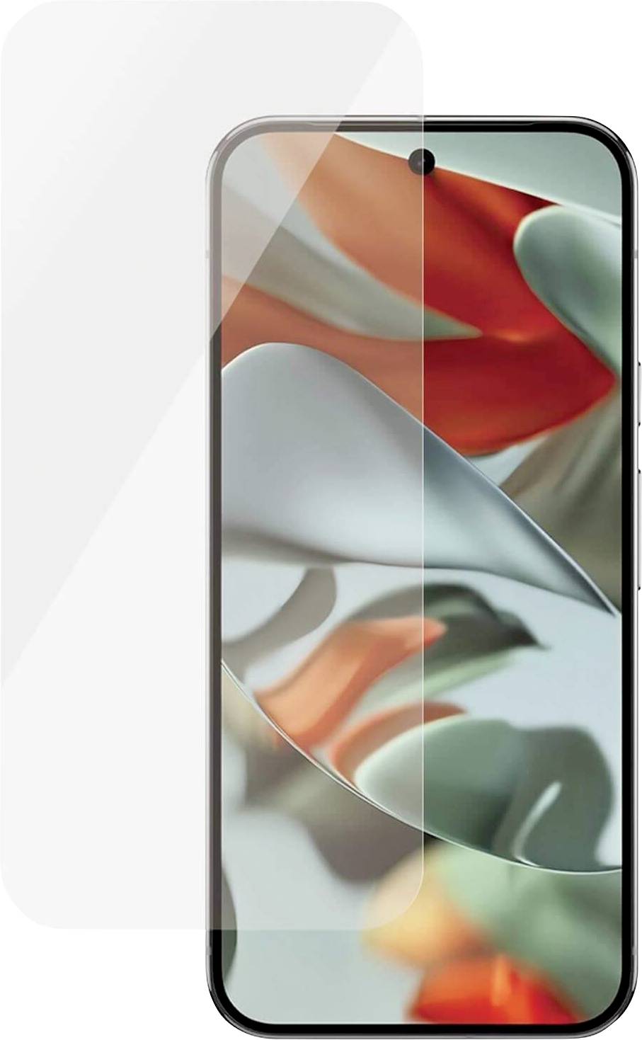 Chytrý telefon s barevným abstraktním displejem, překrytý průhlednou ochrannou fólií, který zdůrazňuje jeho elegantní design.