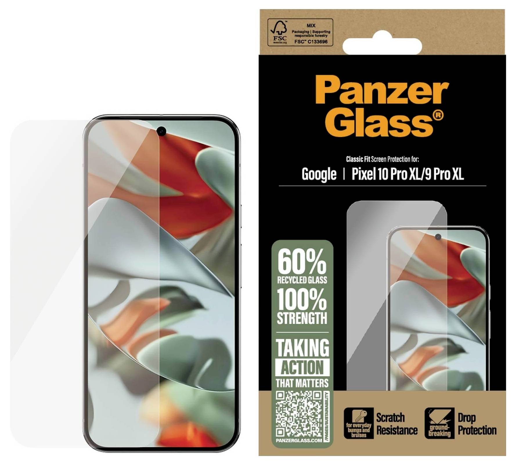 Ochranné sklo pro Google Pixel 10 Pro XL, zvýrazňující 60% recyklovaného skla, 100% pevnosti. Balení zdůrazňuje odolnost proti pádu a poškrábání.