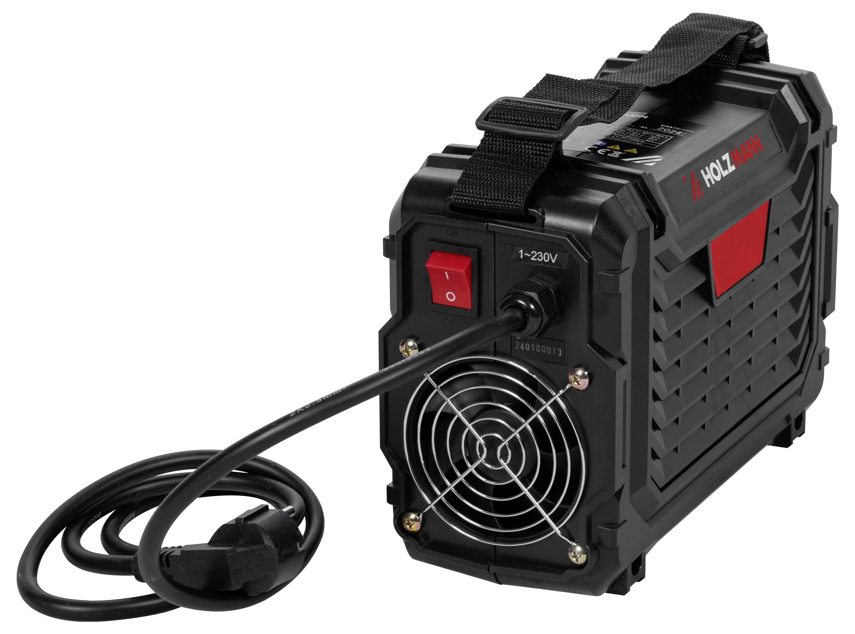 Kompaktní přenosný generátor s ventilátorem, napájecím kabelem a štítkem napětí '1~220V', navržený pro snadnou přepravu, s černočerveným designem.