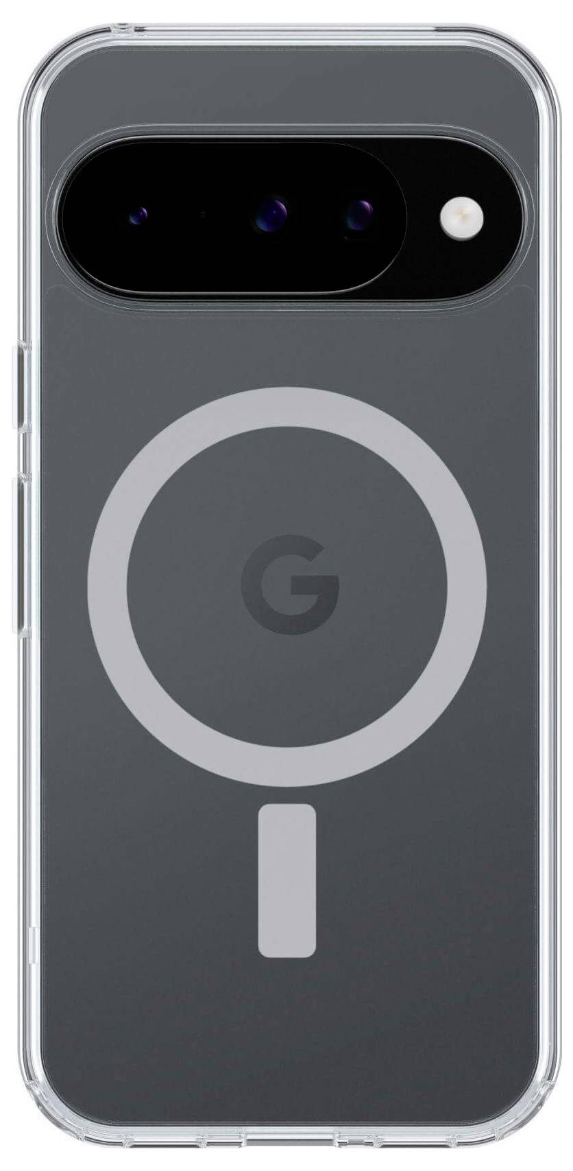 Telefon s průhledným pouzdrem, který na zadní straně zobrazuje kruhový design s logem písmene 'G' uprostřed.