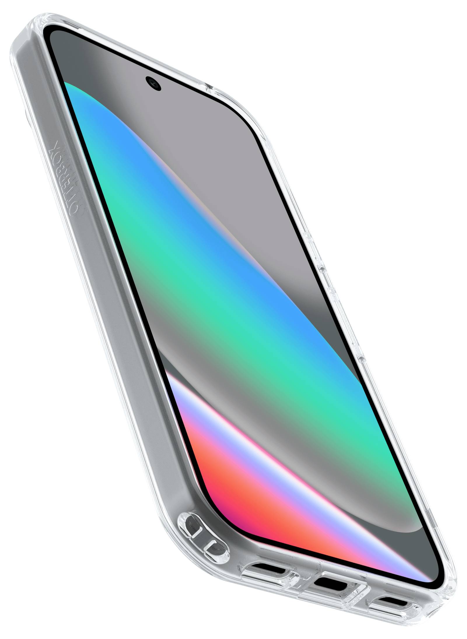 Chytrý telefon s barevnou obrazovkou je uložen v průhledném ochranném obalu, který je zobrazen z úhlu z boku.