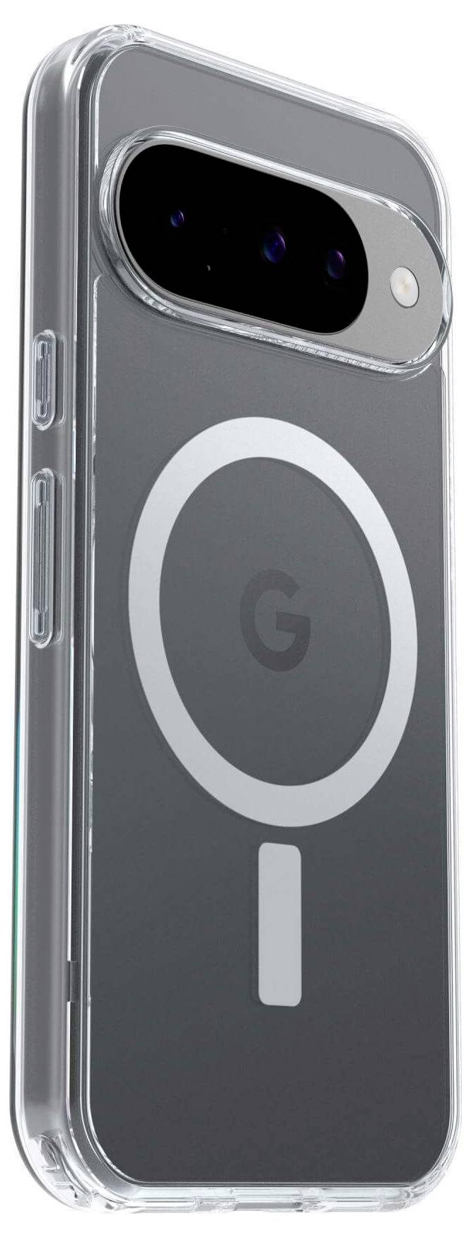 Chytrý telefon s průhledným pouzdrem, které ukazuje stylizované písmeno 'G' a kruhový design na zadní straně, zvýrazňující značku zařízení.