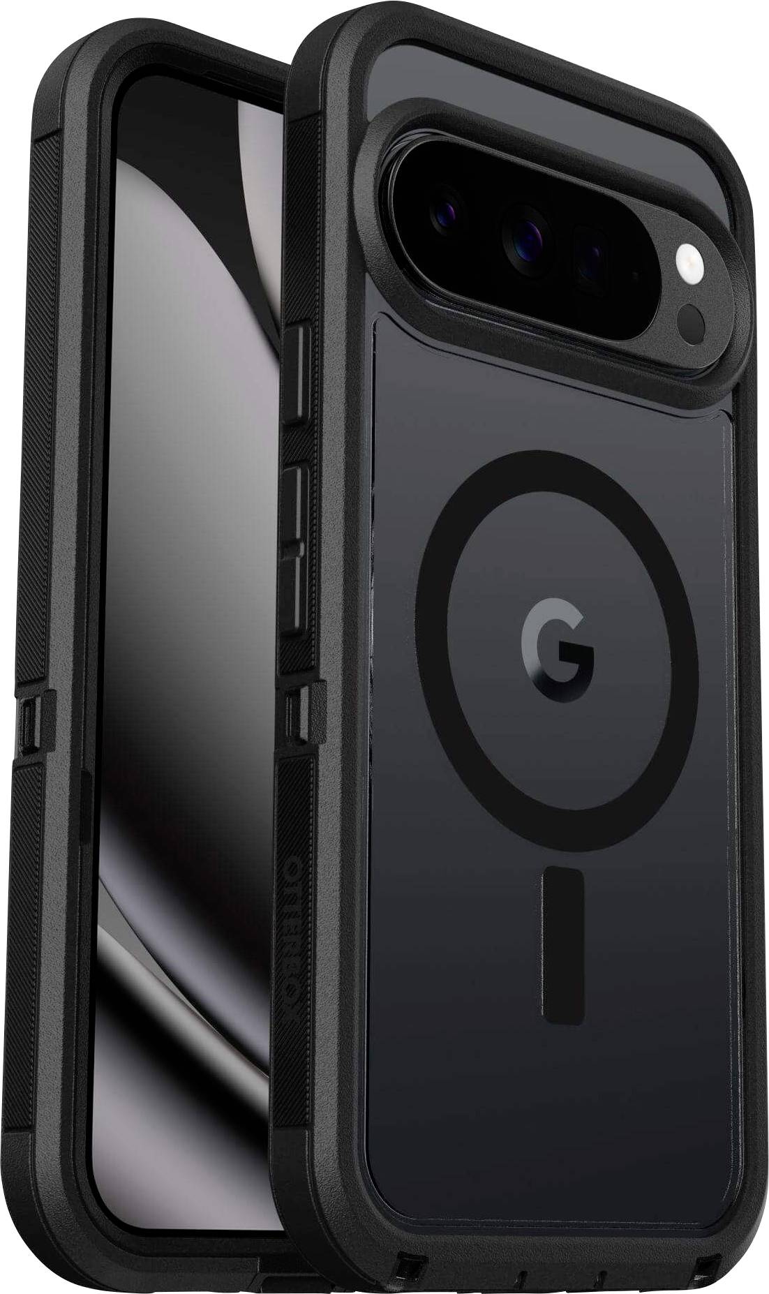 Smartphone v černém ochranném pouzdře s viditelným fotoparametem a logem „G" na zadní straně, navržený pro odolnost.