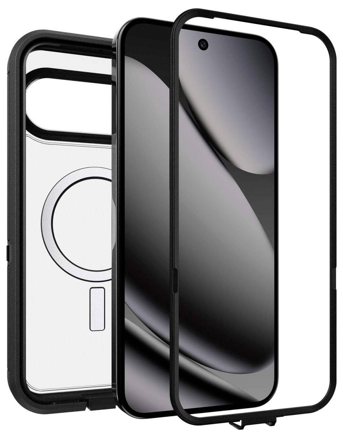 Rozložený obal na telefon ukazující tři vrstvy: zadní část s kroužkem, prostřední ochranný kryt a přední kryt displeje.