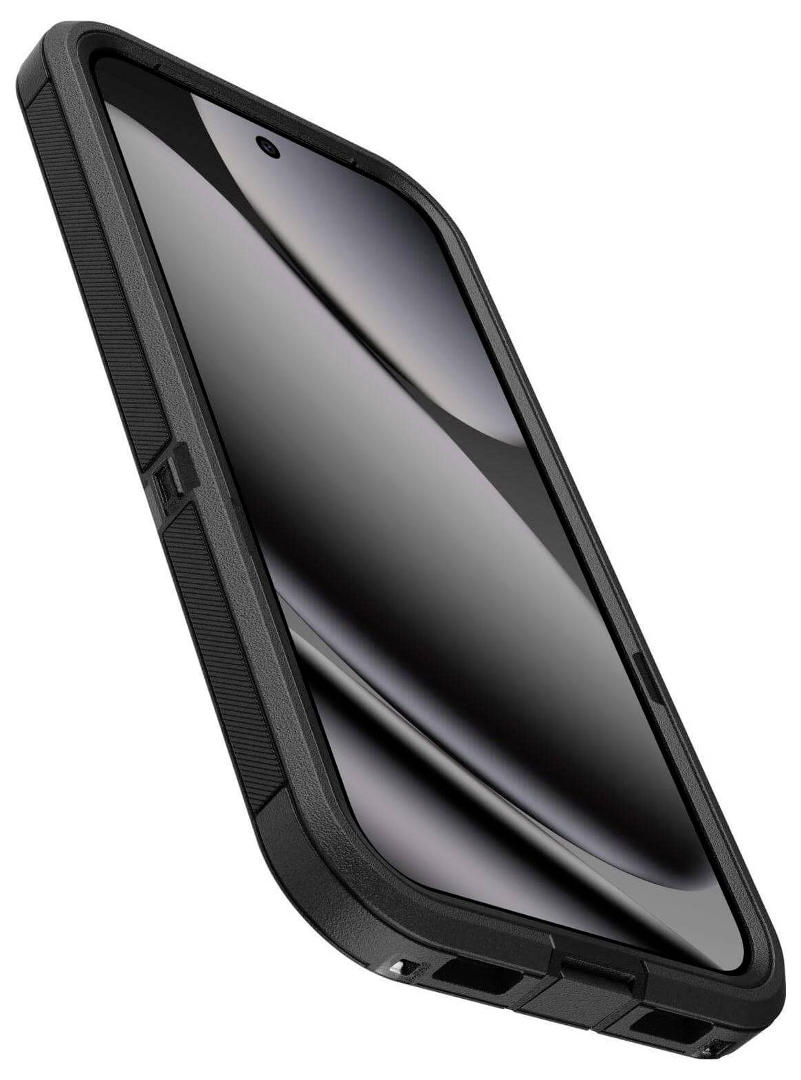 Odolný černý kryt na smartphone s texturovaným úchopem a zesílenými rohy umístěný na moderním smartphonu.