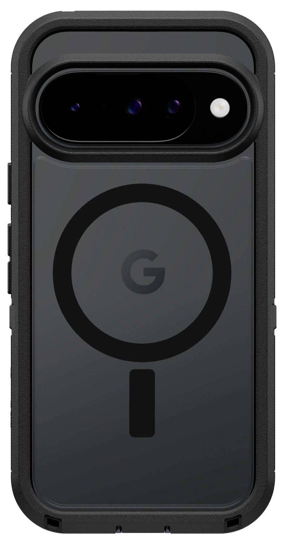 Chytrý telefon s robustním černým pouzdrem, který má na zadní straně logo 'G' a velký fotoaparátový modul.