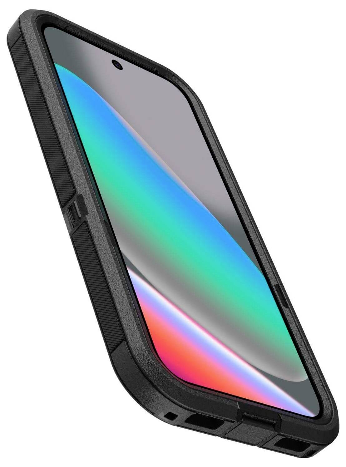 Chytrý telefon s robustním černým ochranným pouzdrem, zobrazený pod úhlem, ukazující barevnou obrazovku s gradientním designem.