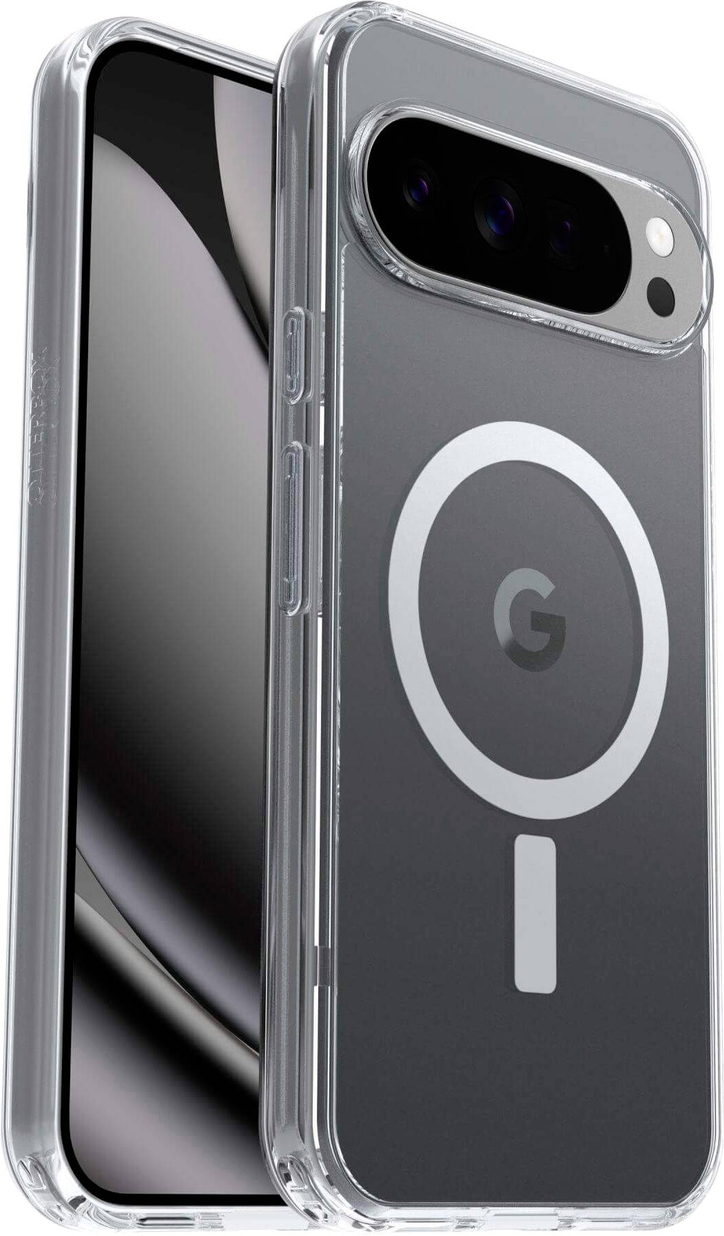 Obal na telefon s průhledným zadním krytem, který má kruhový design a logo 'G', ukazující jeho kompatibilitu s MagSafe.