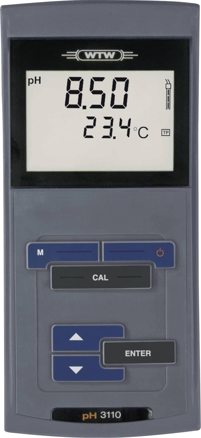 Digitální pH metr zobrazuje '8,50' a teplotu '23,4 °C'. Zařízení je vybaveno tlačítky pro měření, kalibraci a zadávání dat.