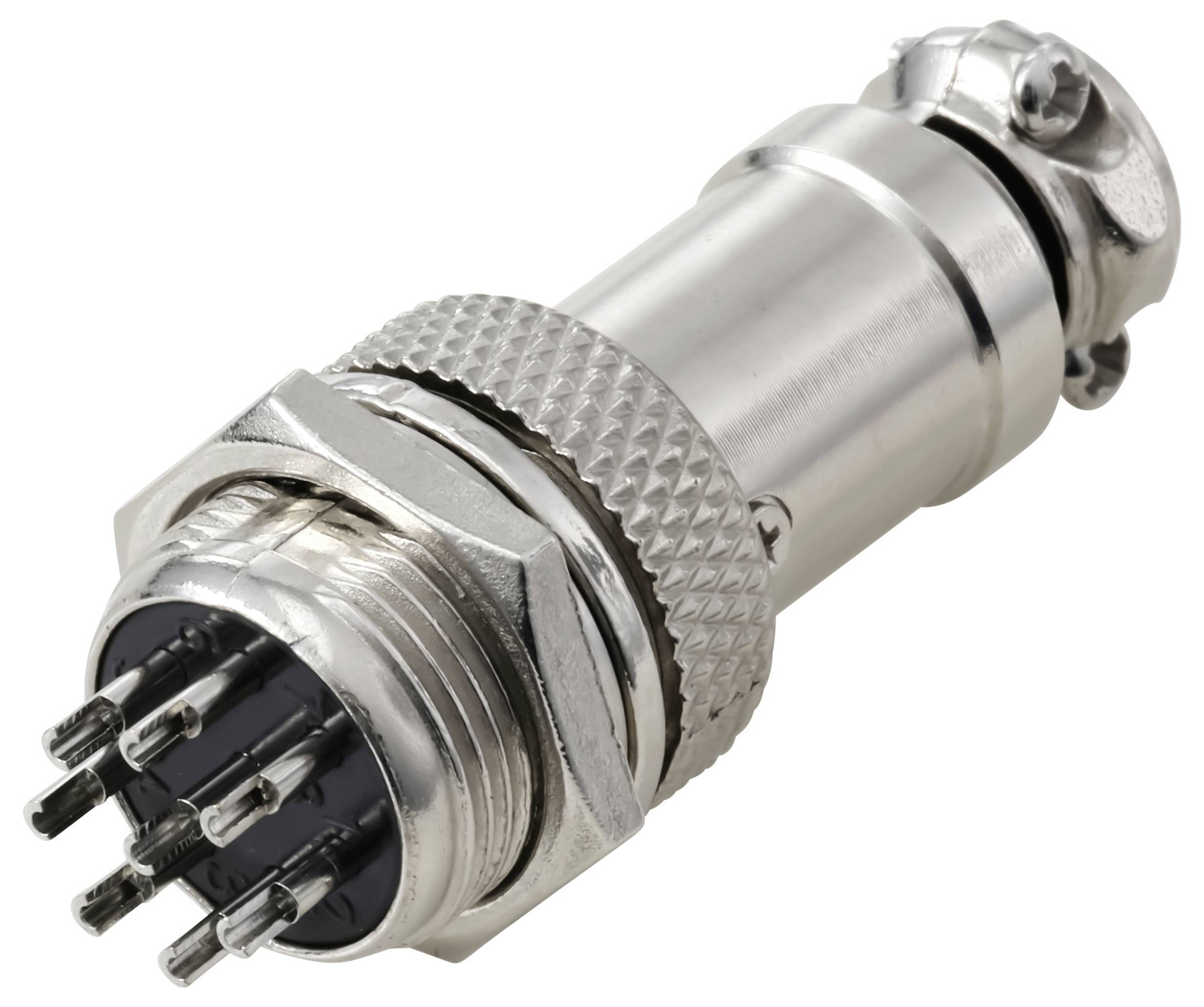 Kovový vícepinový konektor s závitovým upevňovacím kroužkem, používaný pro bezpečné elektrické připojení v různých aplikacích.