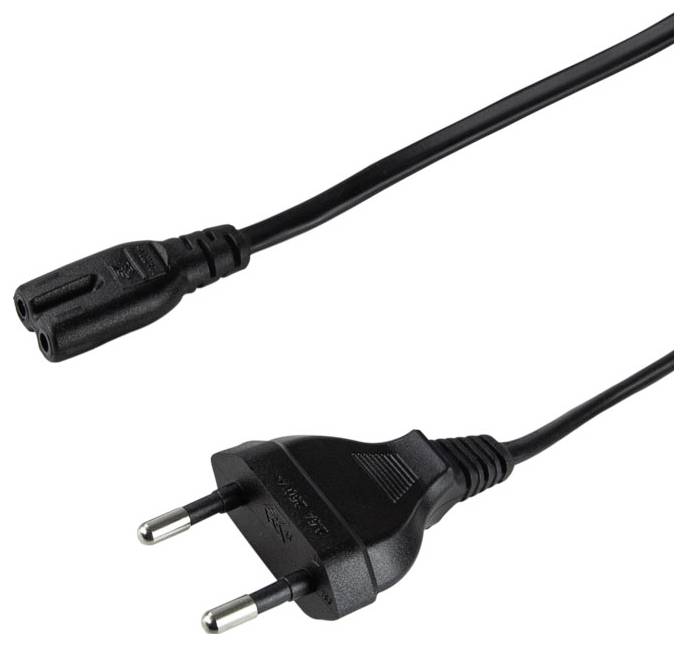 Černá evropská elektrická vidlice se dvěma kolíky připojená k elektrickému kabelu, běžně používaná pro napájení elektrických zařízení.