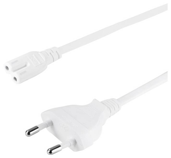 Bílá evropská elektrická vidlice se dvěma zaoblenými kolíky a dlouhým přívodem, běžně používaná pro připojení elektrických zařízení do elektrických zásuvek.
