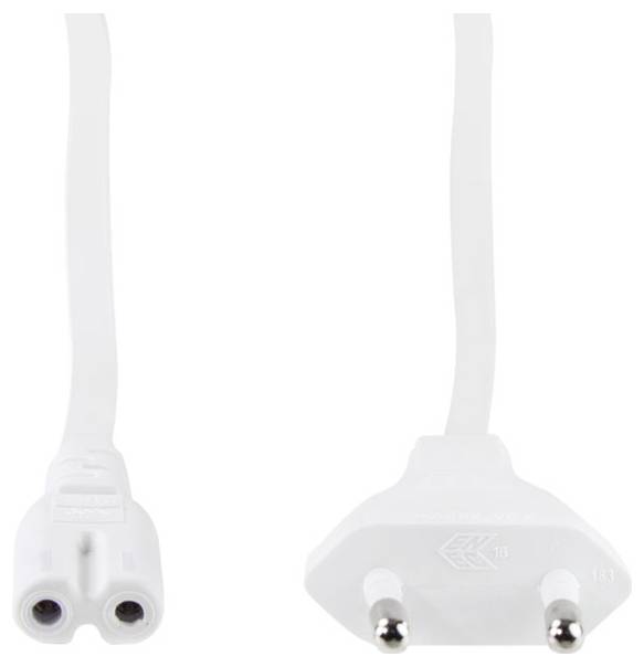 Bílý evropský napájecí kabel se dvěma kolíky, na jednom konci s dvoupólovou vidlicí a na druhém konci se zásuvkou se dvěma otvory, používaný pro elektrické přístroje.