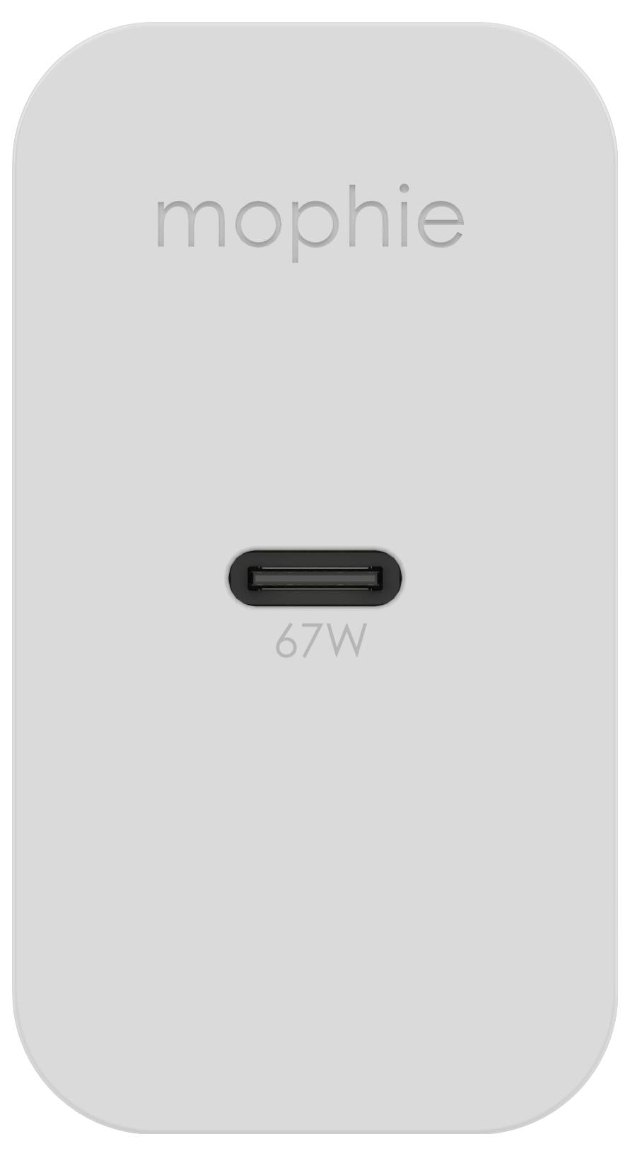 Bílá nabíječka 'Mophie' s USB-C portem označeným '67W'.