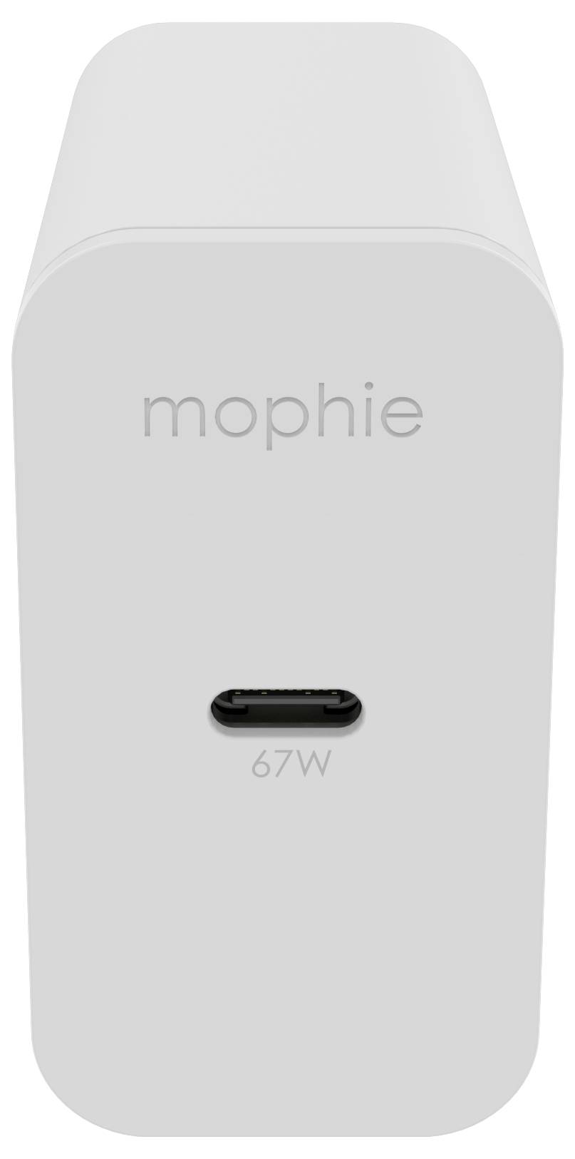 Bílý nabíjecí adaptér Mophie s portem USB-C označený '67W'.