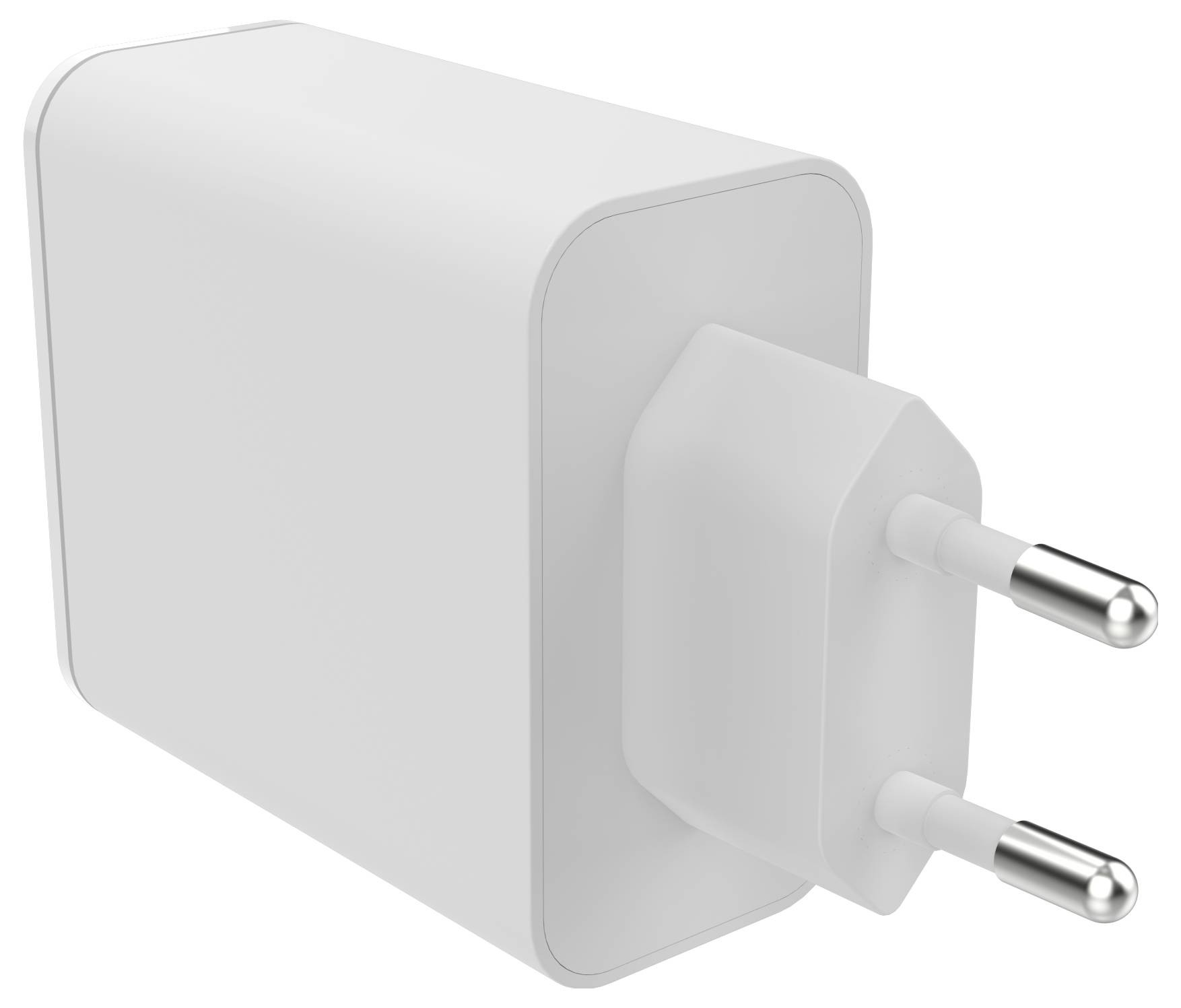 Bílý obdélníkový elektrický nástěnný adaptér se dvěma kulatými kovovými kolíky, používaný pro napájení elektronických zařízení.