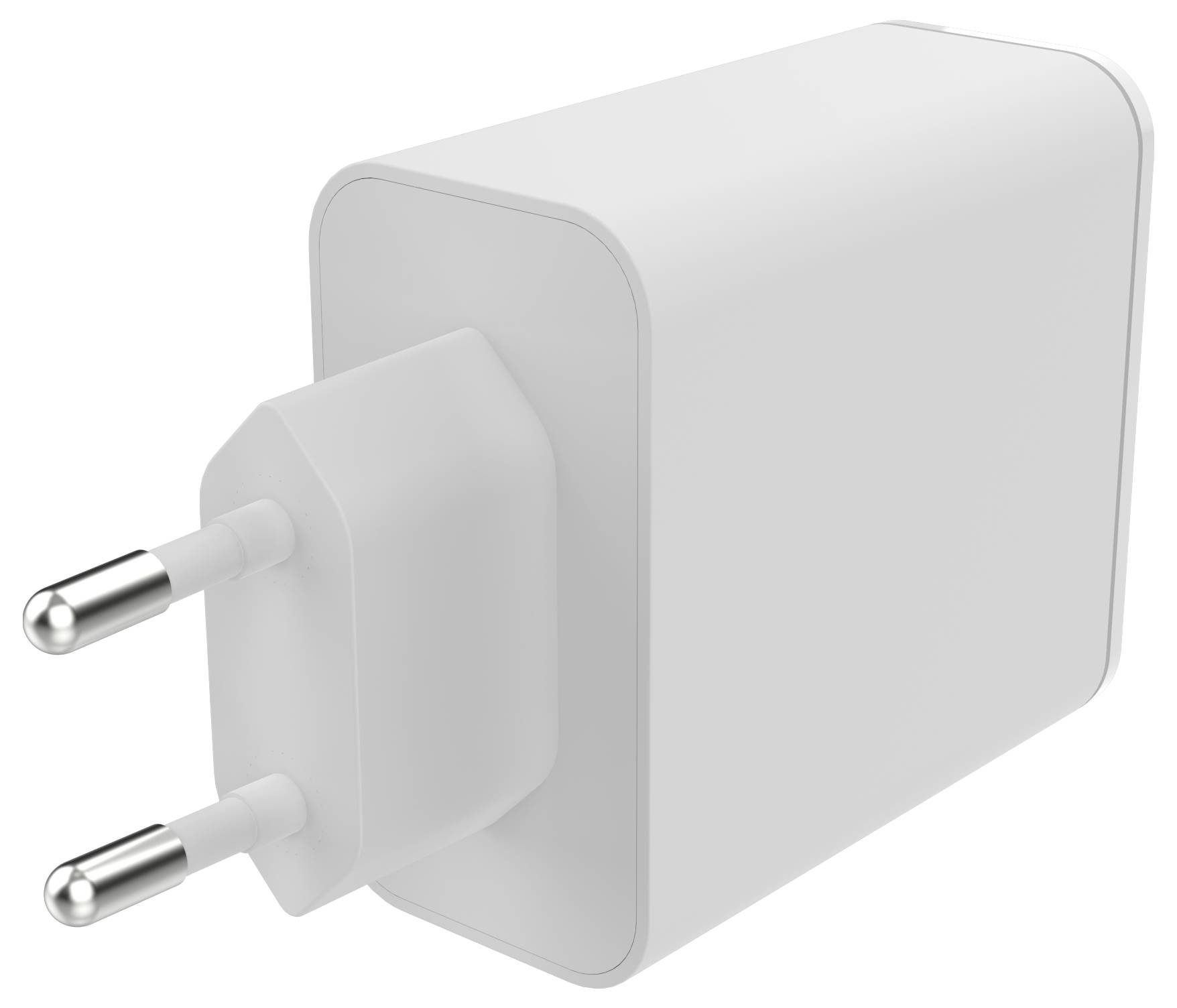 Bílý, obdélníkový napájecí adaptér se dvěma kovovými kolíky pro nabíjení elektronických zařízení.