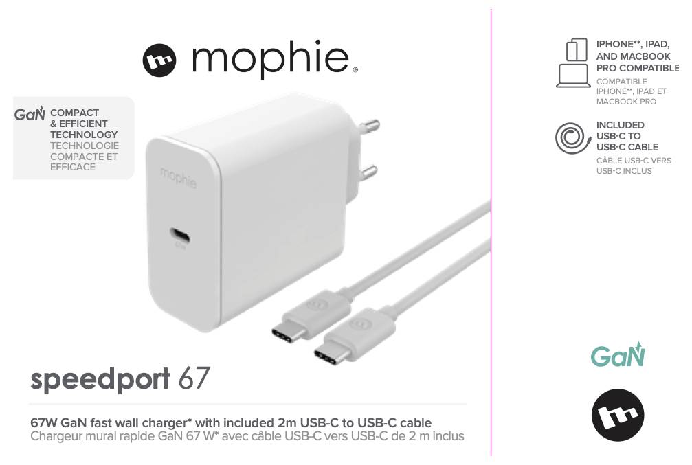 Nabíjecí adaptér Mophie speedport 67W GaN s rychlonabíjením, zobrazený se dvěma USB-C kabely, kompatibilní s iPhone, iPadem a MacBookem.