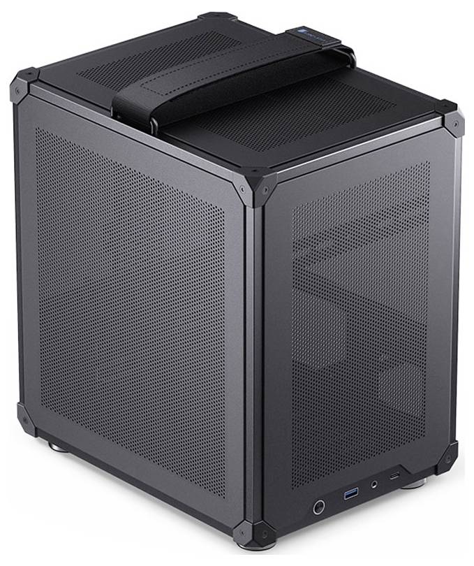 Černá mini ITX počítačová skříň s mřížkovaným designem, rukojetí nahoře a předními USB porty.