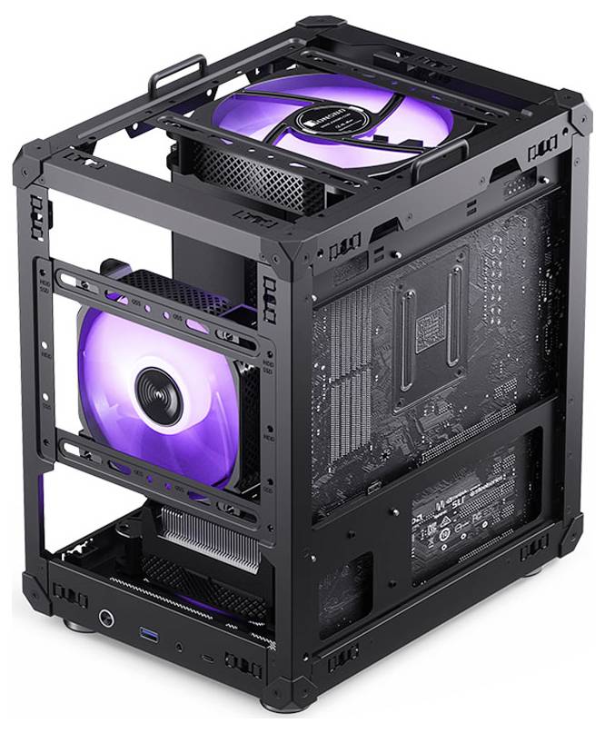Černá otevřená herní PC skříň s fialovými LED ventilátory na horní a přední straně. Vnitřní komponenty a základní deska jsou viditelné.