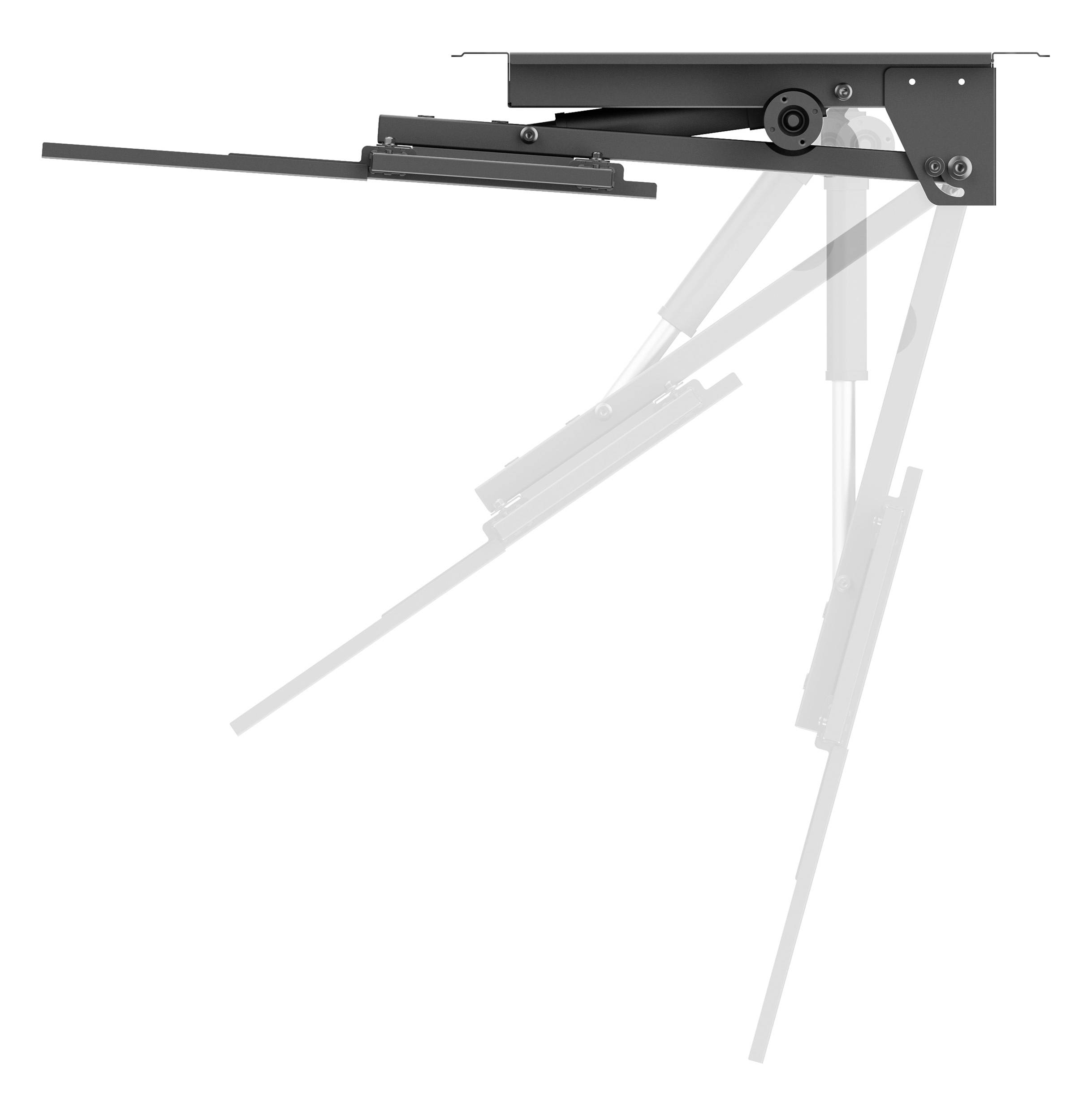 Diagram znázorňující mechanickou paži v různých polohách jejího roztažení, ilustrující její rozsah pohybu a body otáčení.