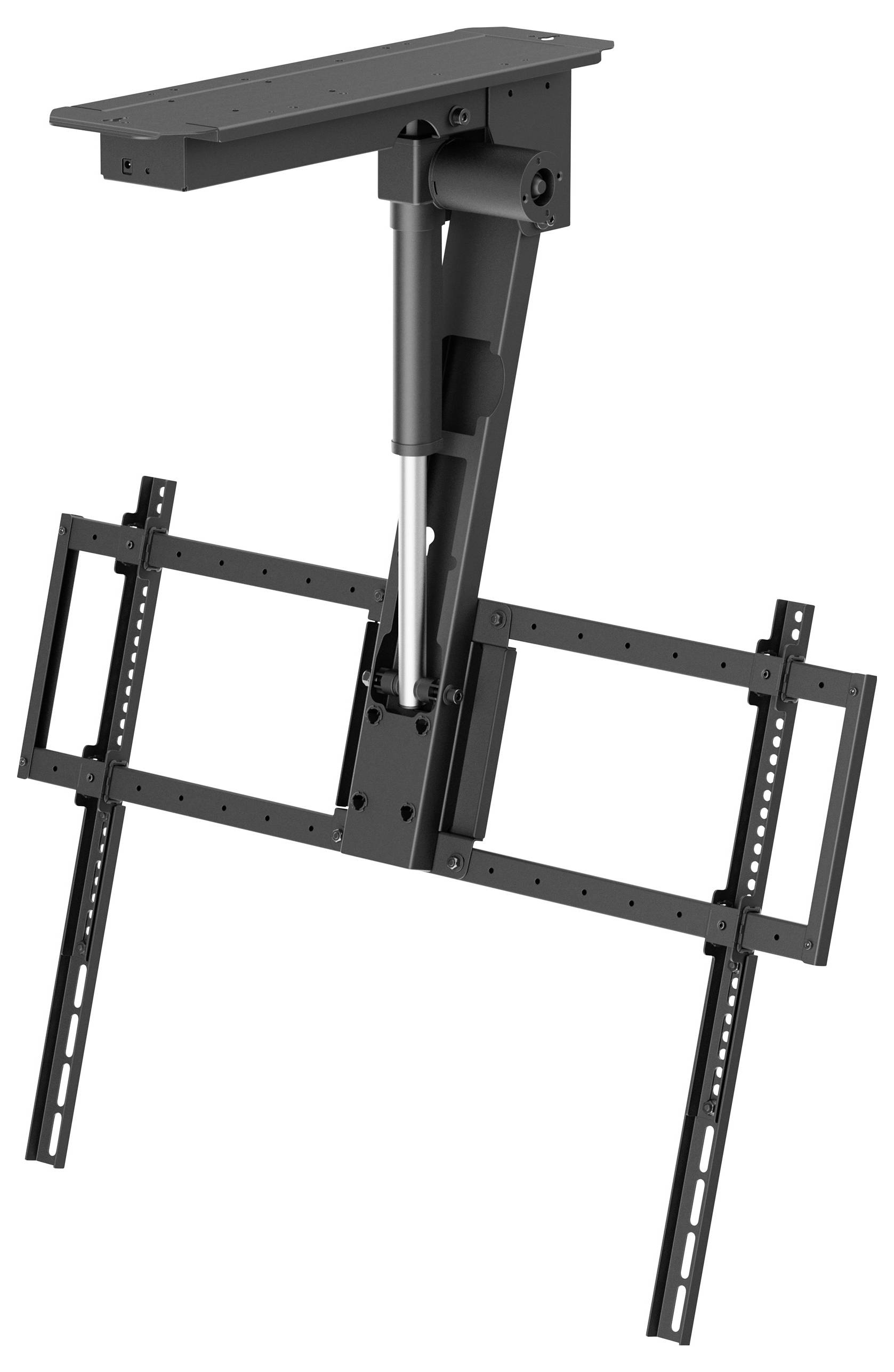 Stropní držák pro televizi nebo monitor s nastavitelnými rameny a centrální podpůrnou konzolí pro bezpečné upevnění a flexibilní polohování.