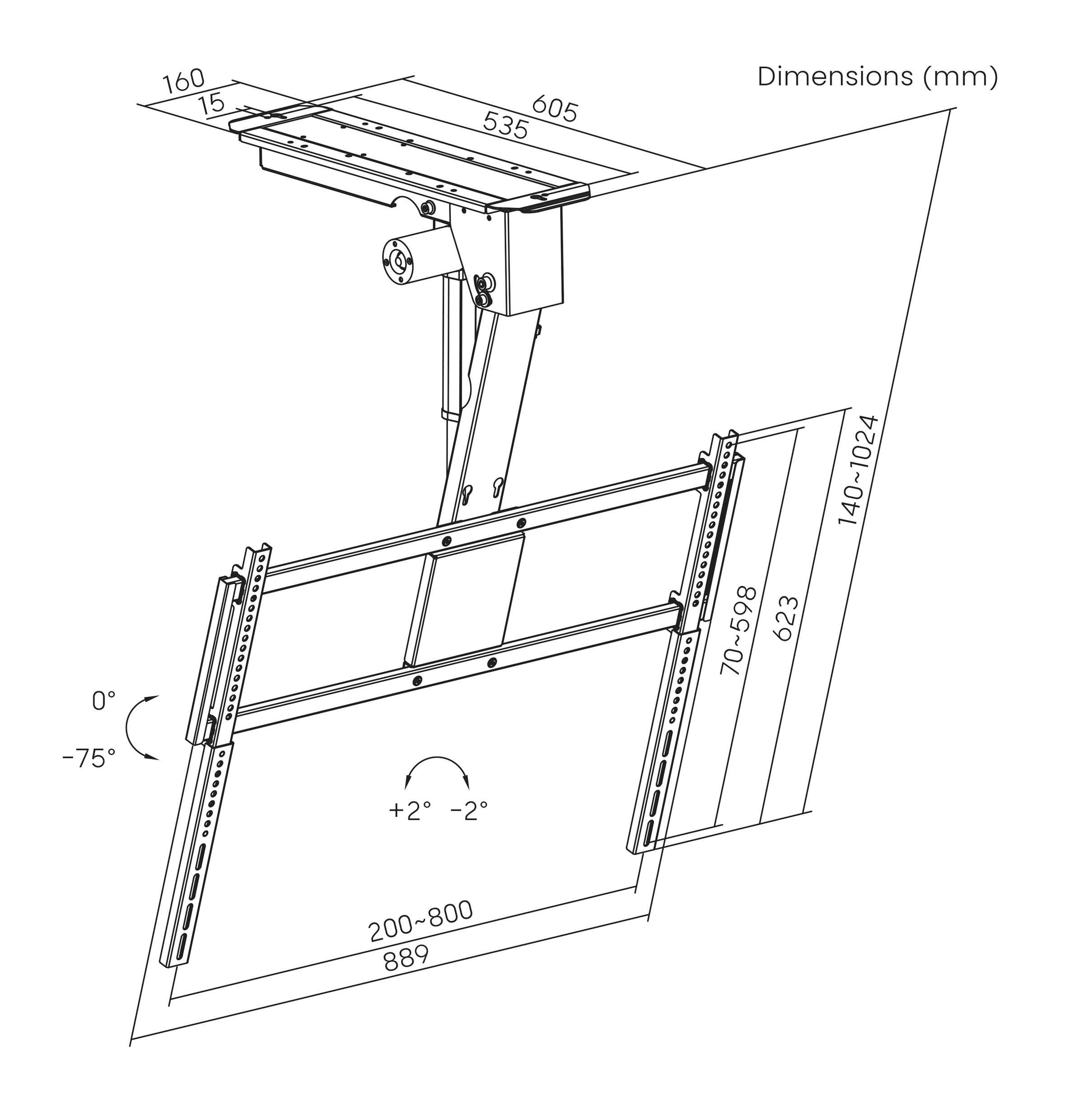 Nastavitelný stropní držák TV s diagramem zobrazujícím rozměry v milimetrech, včetně úhlů náklonu od 0° do -75° a ±2° otočení.