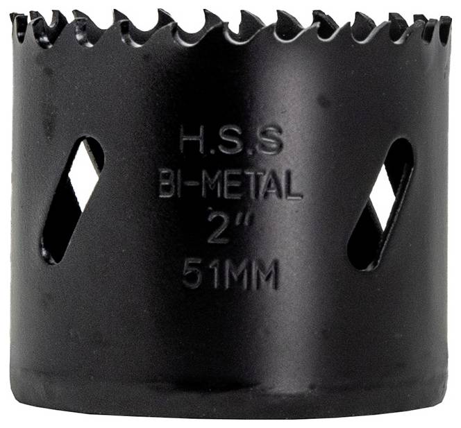 Černá bimetalová děrovka s ostrými zuby, označená štítkem 'H.S.S BI-METAL 2" 51MM', určená pro přesné vyvrtávání otvorů v různých materiálech.
