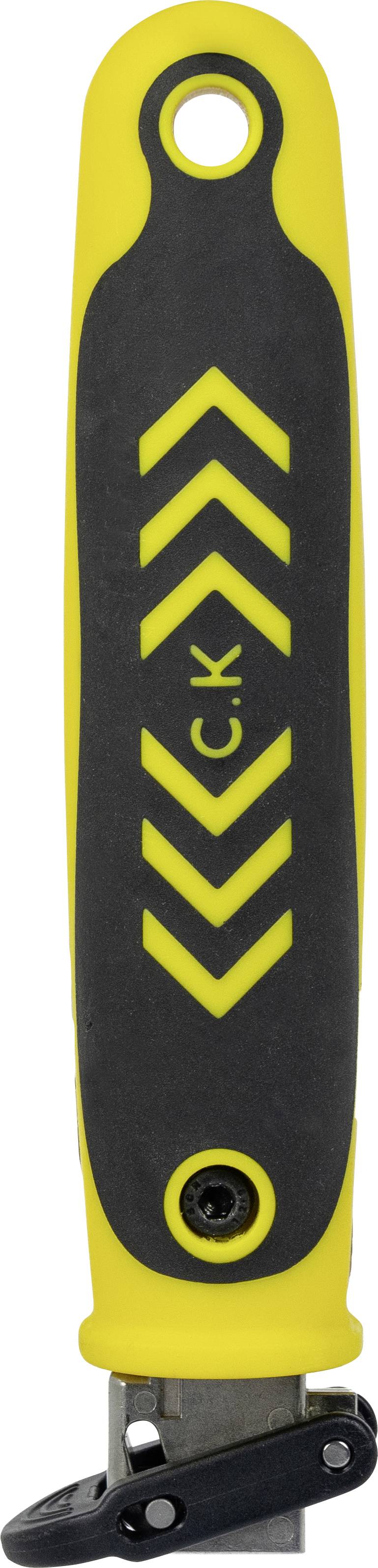 Žlutá a černá rukojeť užitkového nože se vzorem chevron a malým zajišťovacím mechanismem u základny.