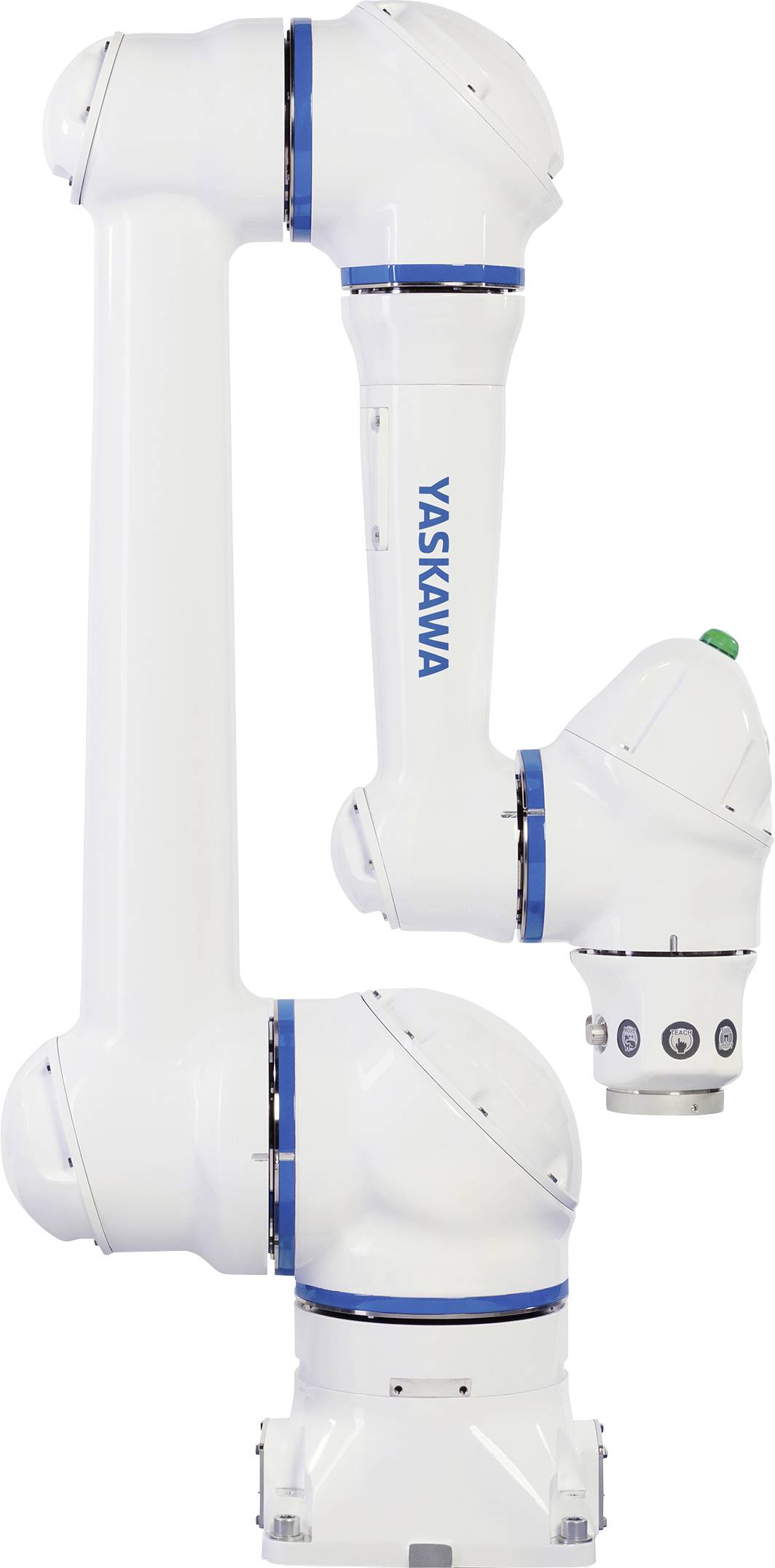 Bílé robotické rameno s modrými akcenty a mechanickými klouby, označené značkou 'Yaskawa', navržené pro průmyslové automatizační úkoly.