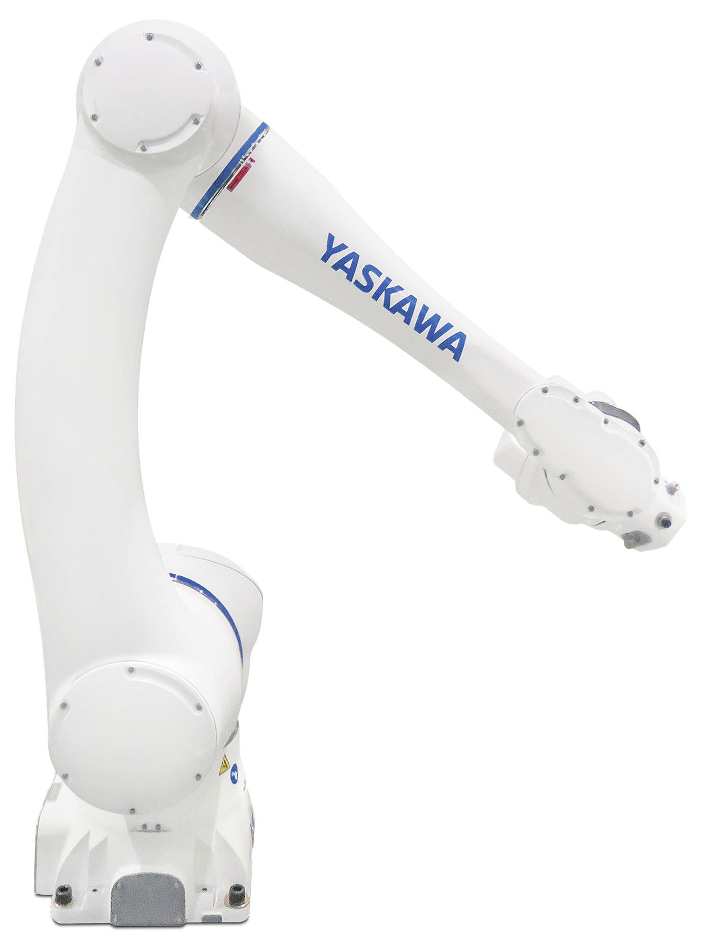 Bílé robotické rameno označené názvem 'Yaskawa', umístěné ve svislé poloze, pravděpodobně určené pro průmyslovou automatizaci.