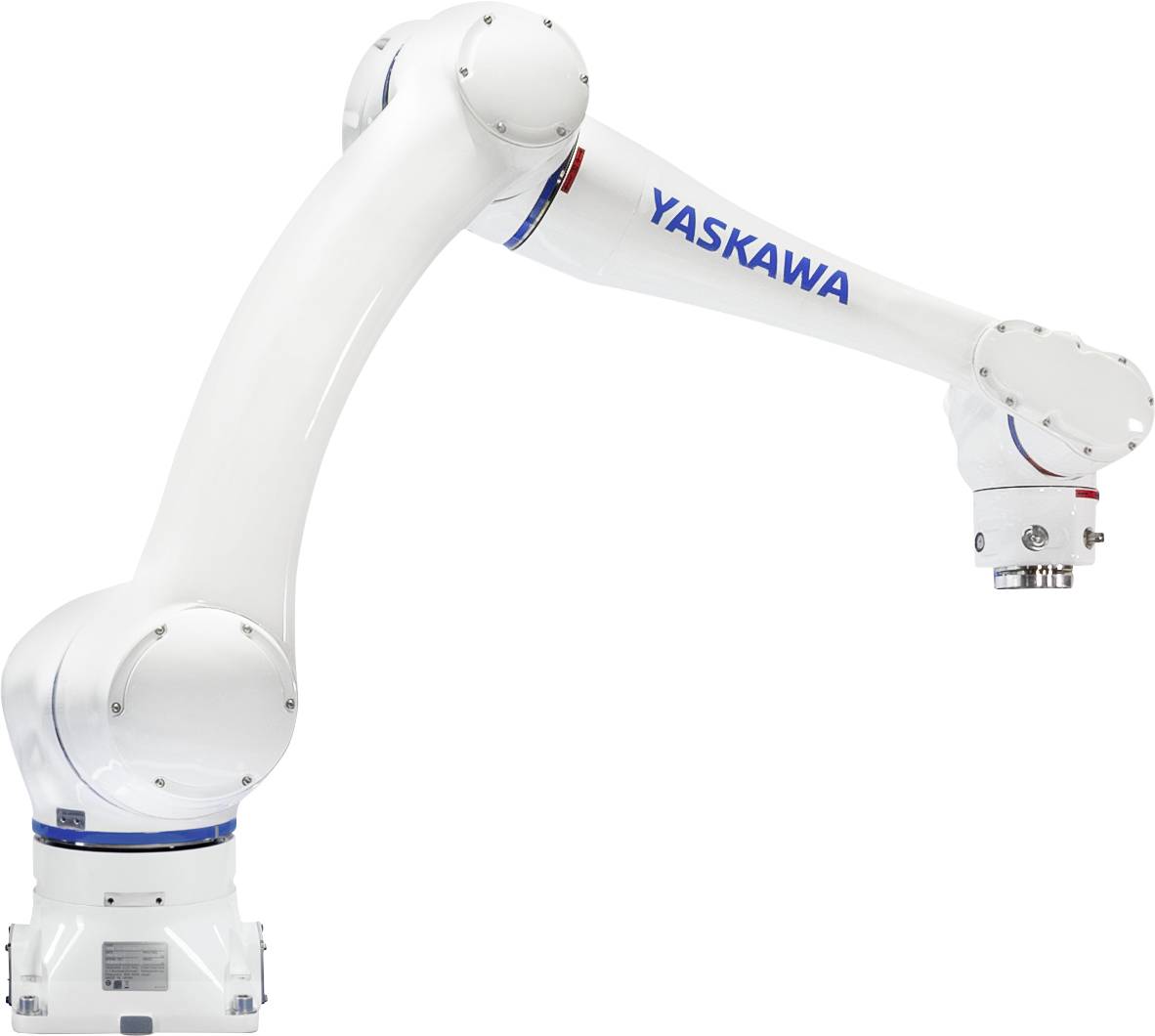 Bílé průmyslové robotické rameno značky Yaskawa s několika klouby, navržené pro automatizační úkoly ve výrobním nebo produkčním prostředí.