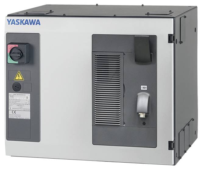 Řídicí panel Yaskawa s tlačítky a výstražnými štítky, pravděpodobně používaný pro ovládání průmyslových strojů.