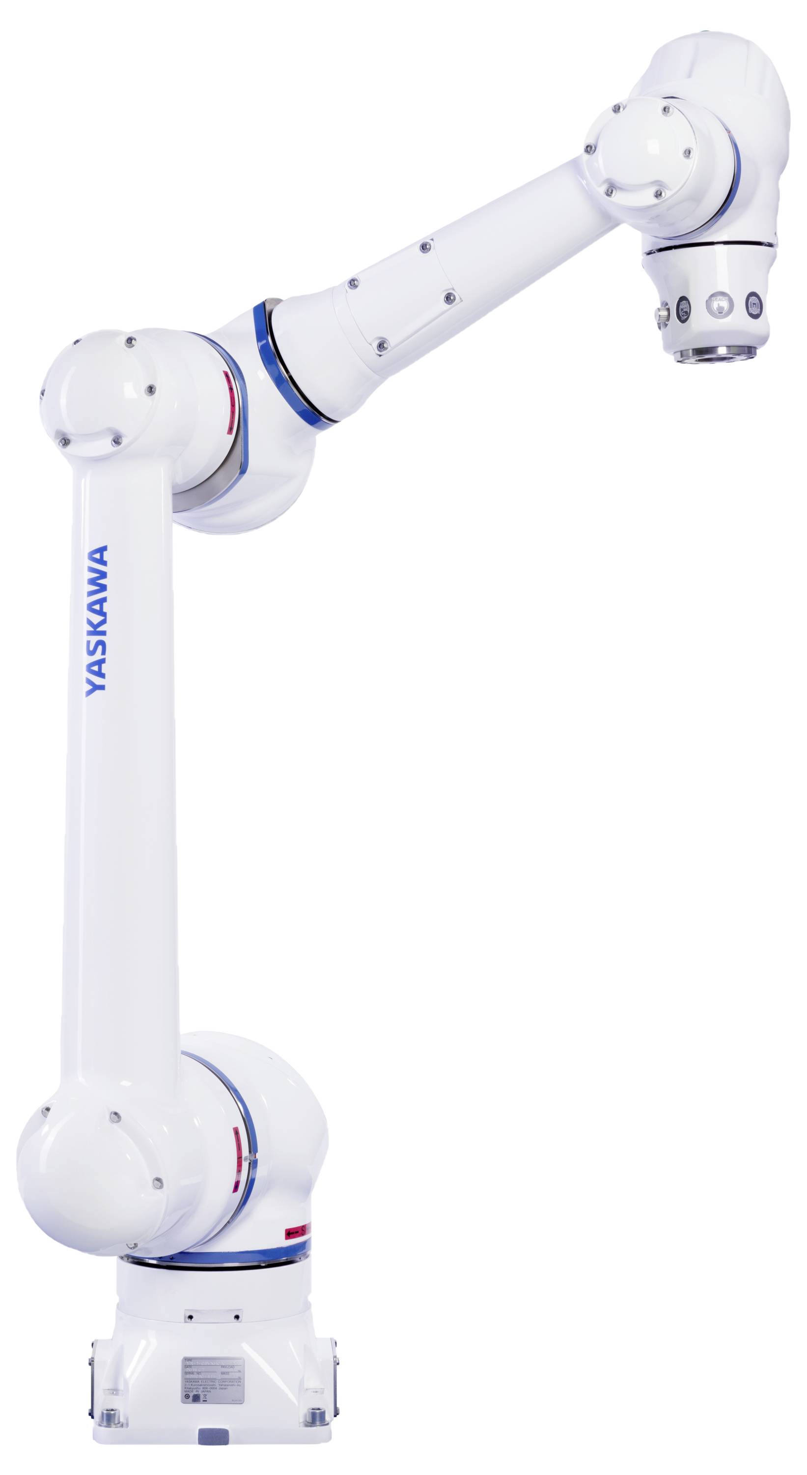 Bílé robotické rameno s několika klouby, označené nápisem 'Yaskawa', určené pro úkoly průmyslové automatizace.