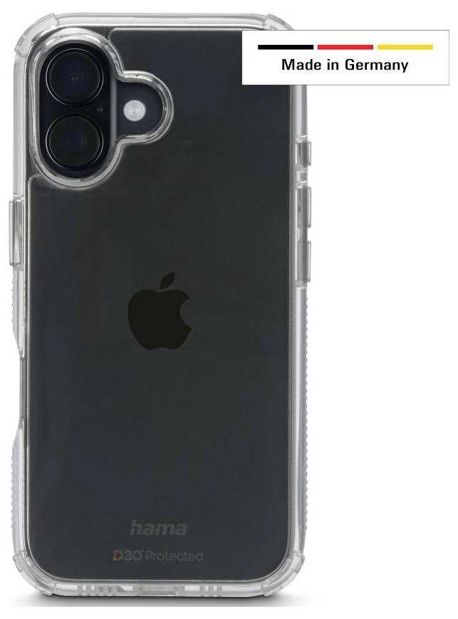 Průhledný mobilní kryt na smartphonu s duálním fotoaparátem. Nápis 'Vyrobeno v Německu' s malou německou vlajkou nad ním.