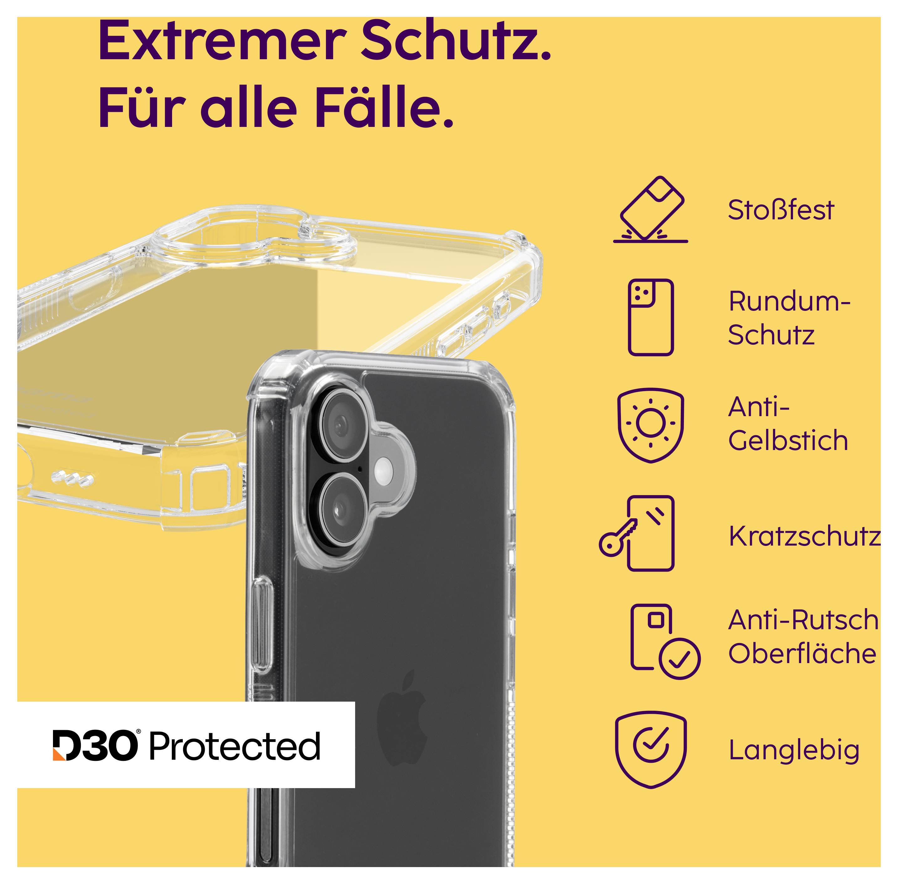 Reklamní inzerát na pouzdro na smartphone: 'Extrémní ochrana. Pro všechny případy.' s D3O Protected; uvádí nárazuvzdornost, celostranou ochranu, ochrana proti žloutnutí, ochranu před oděrkami, protiskluzový povrch, dlouhodobá odolnost.